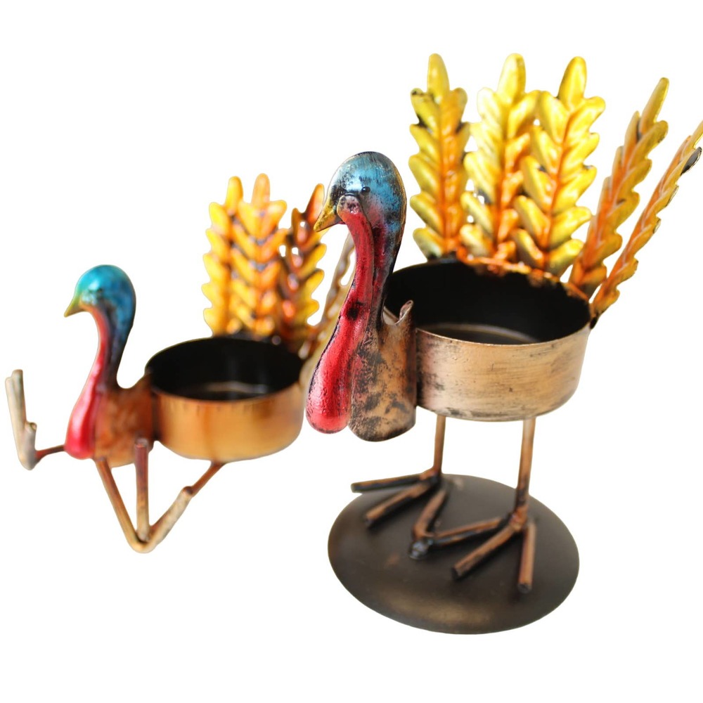 Thanksgiving Turkey Tea Light Candle Holder Set  Fall Rustic Metallic Set of 2